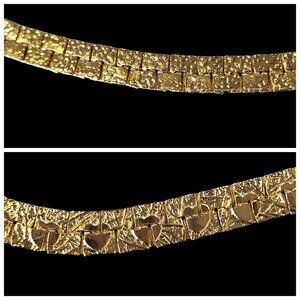 VTG Gold Plated Flat Chain Necklace Nugget Textured Heart Reversible Signed 20"
